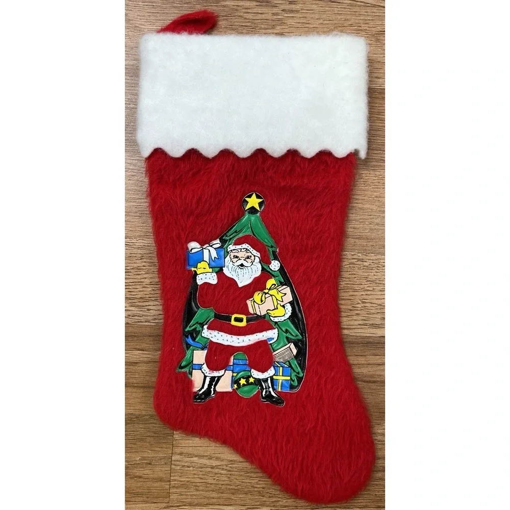 Vintage MCM Christmas Stocking Red with Puffy Plastic Santa Patch